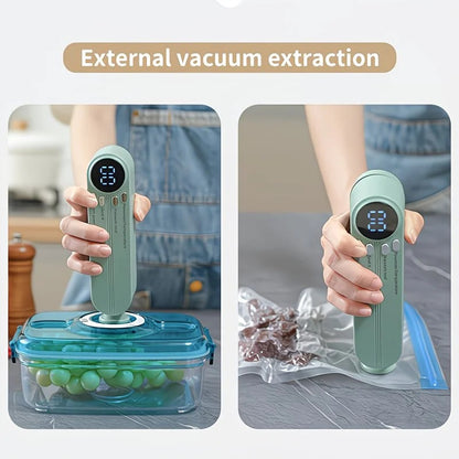 beige.USB Rechargeable Portable Vacuum Sealer, includes sealing bags and a rapid vacuum pump. Space-saving design, suitable for vacuum packing snacks, meat, fruits, and vegetables for food preservation.