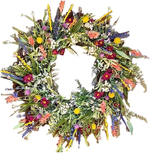 Spring-Summer Door Wreath for Front Door, Artificial Wildflowers Spring Wreath, Decorative Multifunctional Wreaths Colorful Spring-Summer Garland 35cm