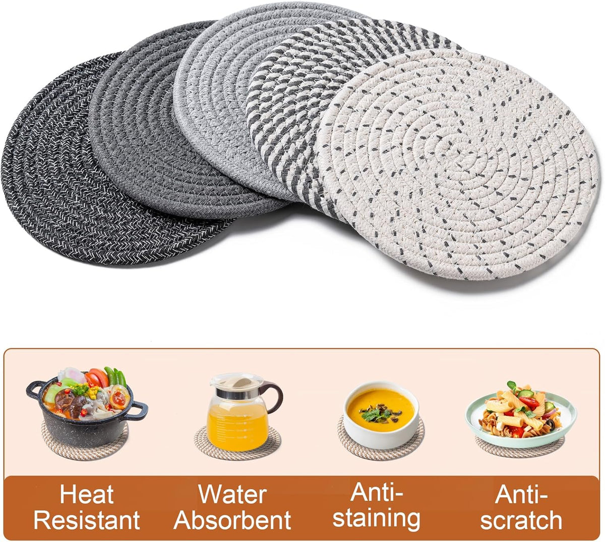 7 Inch Trivets for Hot Dishes, Pots and Pans, 5 Heat Resistant Pot Holders for Kitchen, Home Essentials, Hot Pads for Countertop and Table, Farmhouse Decor Vase Mats, Gray