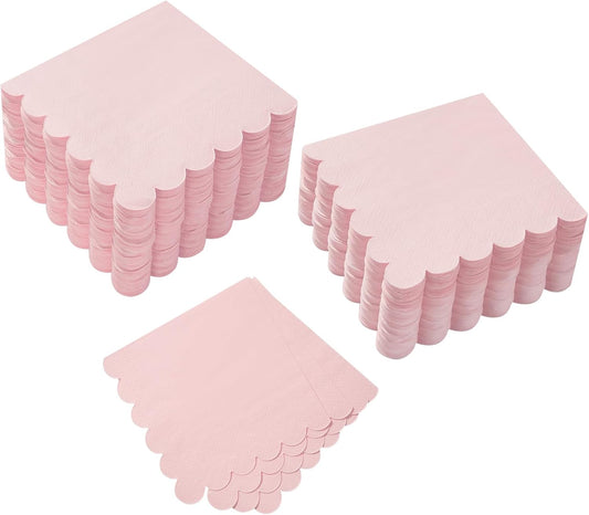 100 Pack Cocktail Napkin 2-Ply Scalloped Edged Dessert Napkins Folded 5 x 5 Inches Disposable Napkins for Dinner Wedding Birthday Party Bridal Anniversary Recepti Event (Pink)