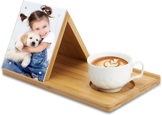 Bamboo Book Holder, Triangle Book Holder Stand with Acrylic Picture Frame, Book Rest with Cup Holder, Tablet and Kindle Stand, Book Lovers Gifts, Bookish Gifts, Bamboo Book Rest Stand
