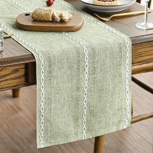 Sage Green Rustic Cotton Linen Table Runner, Seasonal Embroidered Hollow Kitchen Dining Table Decoration for Home Party Decor 13x72 Inch