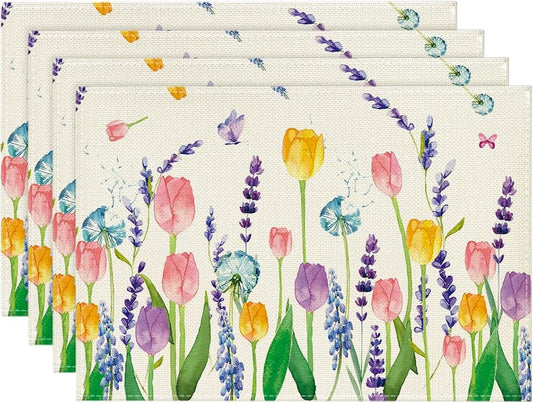 Lavender Tulip Spring Placemats for Dining Table, 12 x 18 Inch Summer Seasonal Holiday Decoration Rustic Vintage Washable Table Mats Set of 4