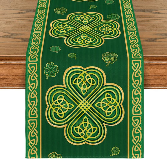 Green Stripes Shamrocks 210 GSM St.Patrick's Day Table Runner, Seasonal Spring Kitchen Dining Table Runner for Home Party Decor 13x72 Inch
