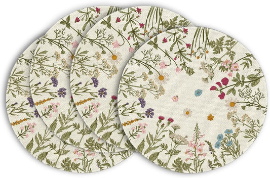 Antique Herbs Wild Flowers Spring Placemats Set of 4, 14 Inch Summer Round Table Mats for Dining Decoration