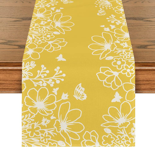 Yellow Bloom Flowers Butterfly Spring Table Runner, Seasonal Holiday Kitchen Dining Table Decoration for Home Party Indoor 13x72 Inch