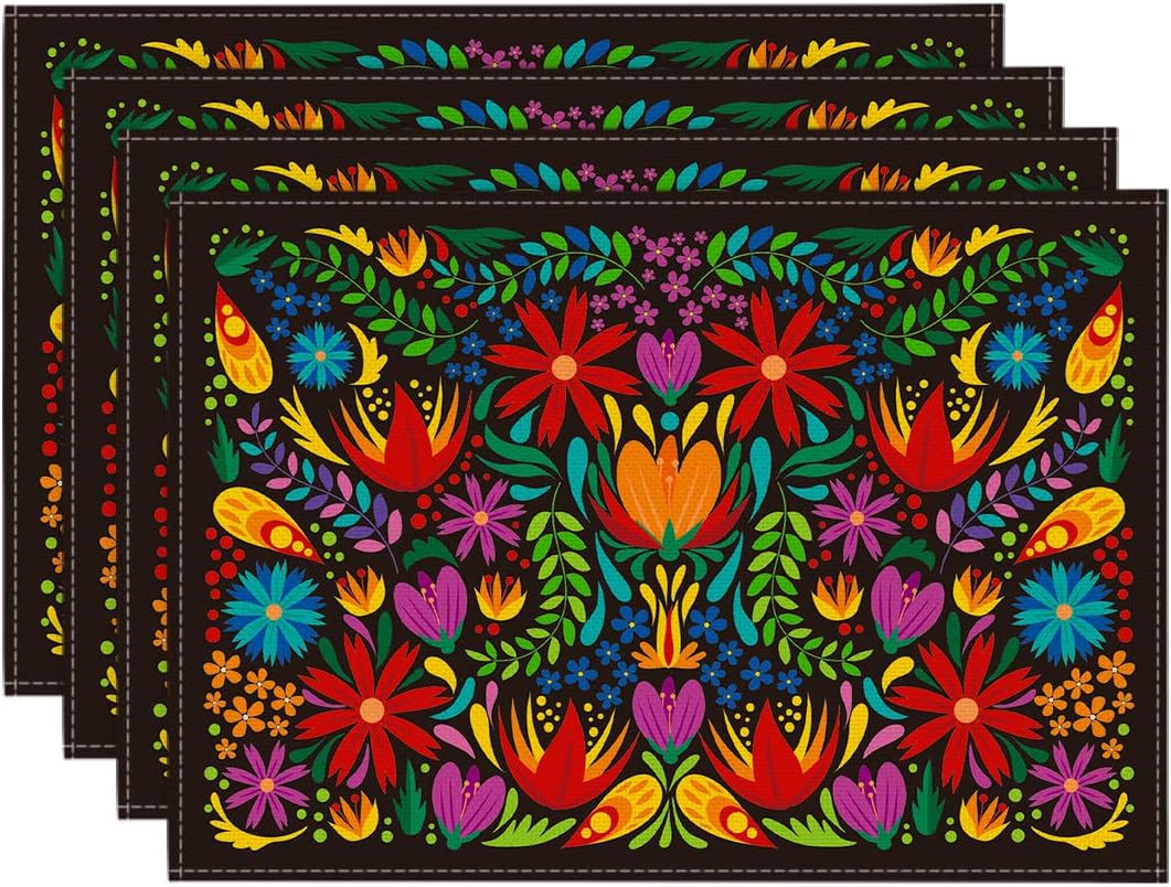 Mexican Cinco De Mayo Placemats for Dining Table, 12 x 18 Inch Floral Fiesta Dia De Los Muertos Decoration Washable Table Mats Set of 4