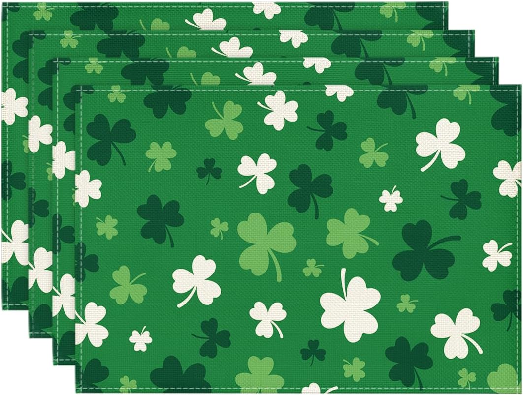 Green Shamrock St. Patrick's Day Placemats Set of 4, 12x18 Inch Seasonal Spring Table Mats for Party Kitchen Dining Decoration