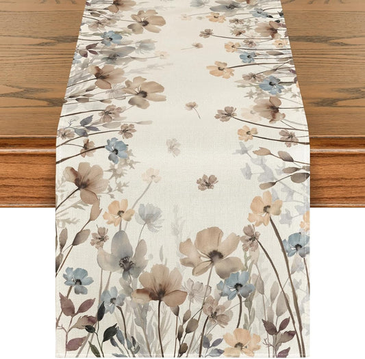 Brown Poppy Flowers Floral Blossom Summer Table Runner, Fall Kitchen Dining Table Decoration for Home Party Decor 13x72 Inch