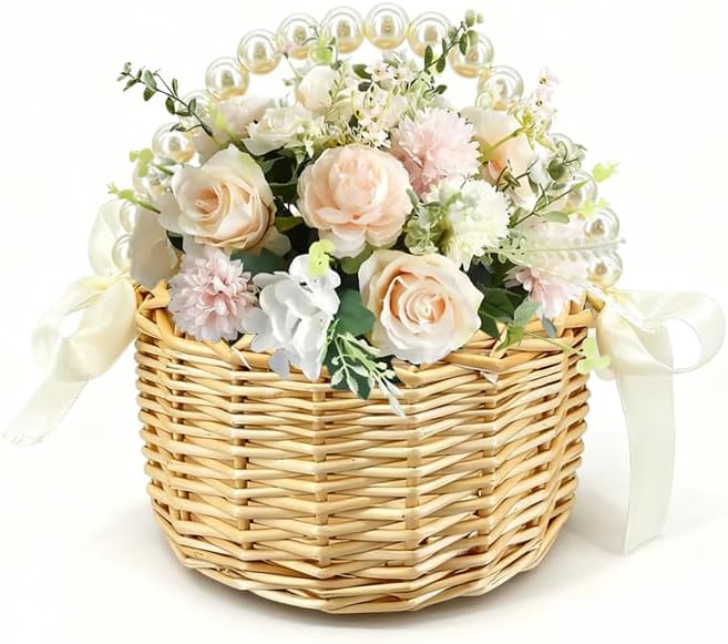 Wicker Rattan Flower Girl Basket with Bows,Pearl Handle Flower Basket,Wedding Flower Girl Basket and Home Decorations. (1)