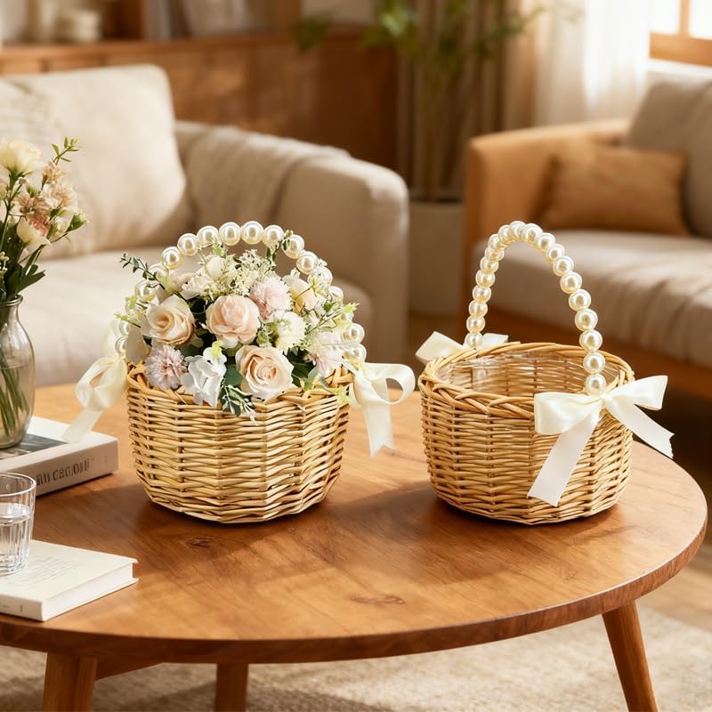 Wicker Rattan Flower Girl Basket with Bows,Pearl Handle Flower Basket,Wedding Flower Girl Basket and Home Decorations. (1)