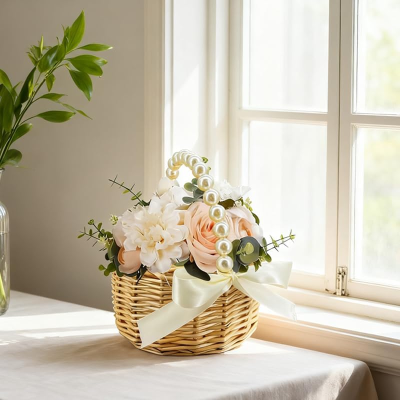 Wicker Rattan Flower Girl Basket with Bows,Pearl Handle Flower Basket,Wedding Flower Girl Basket and Home Decorations. (1)