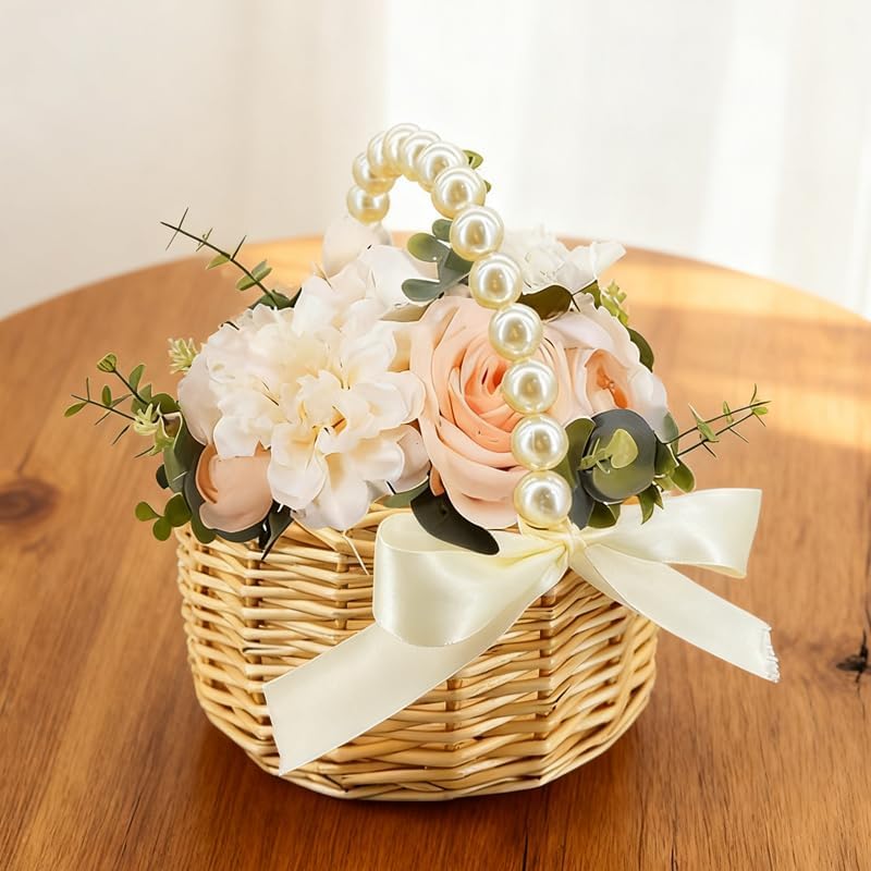 Wicker Rattan Flower Girl Basket with Bows,Pearl Handle Flower Basket,Wedding Flower Girl Basket and Home Decorations. (1)