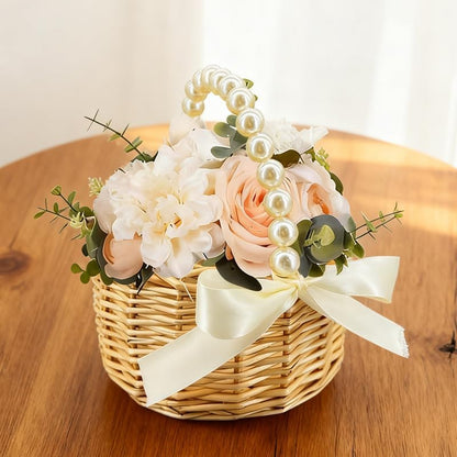 Wicker Rattan Flower Girl Basket with Bows,Pearl Handle Flower Basket,Wedding Flower Girl Basket and Home Decorations. (1)