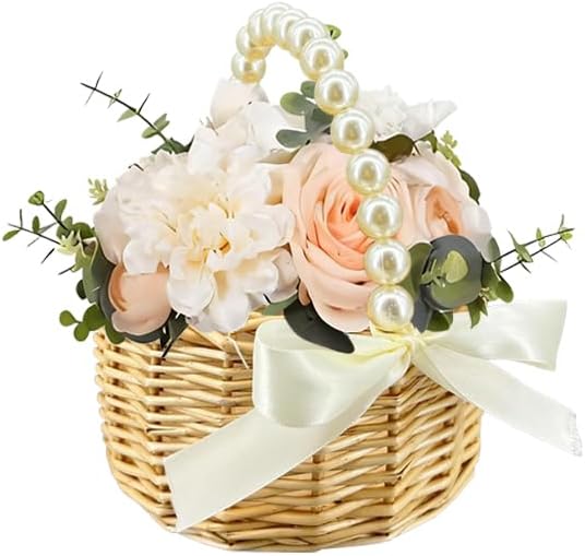 Wicker Rattan Flower Girl Basket with Bows,Pearl Handle Flower Basket,Wedding Flower Girl Basket and Home Decorations. (1)