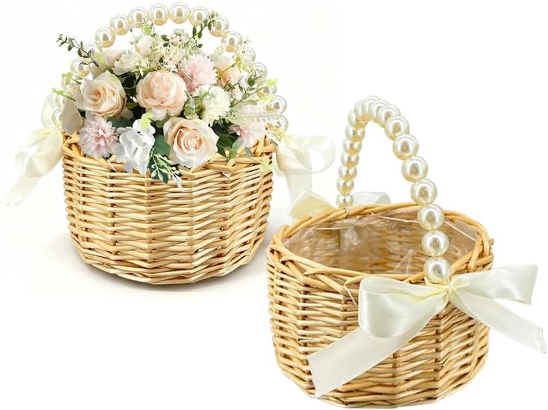 Wicker Rattan Flower Girl Basket with Bows,Pearl Handle Flower Basket,Wedding Flower Girl Basket and Home Decorations. (1)
