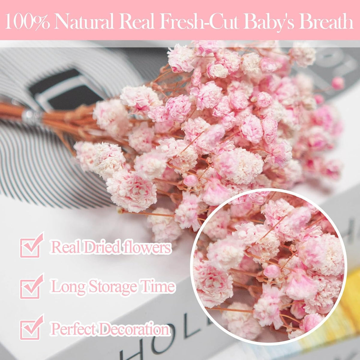 1500+ Mini Pink Dried Babys Breath Flowers, 50pcs Baby Breath Bouquet, 6'' Natural Gypsophila Bulk, Dried Flowers for Gifts, DIY Crafts, Wedding Decor, Card Making, Vase Filler, Wreath Floral