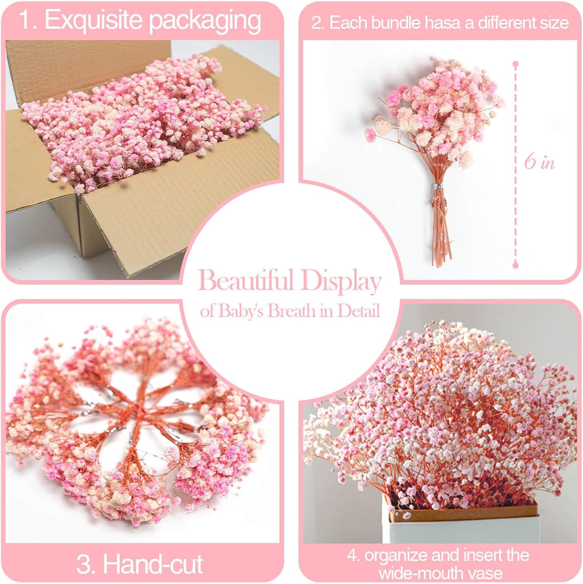 1500+ Mini Pink Dried Babys Breath Flowers, 50pcs Baby Breath Bouquet, 6'' Natural Gypsophila Bulk, Dried Flowers for Gifts, DIY Crafts, Wedding Decor, Card Making, Vase Filler, Wreath Floral