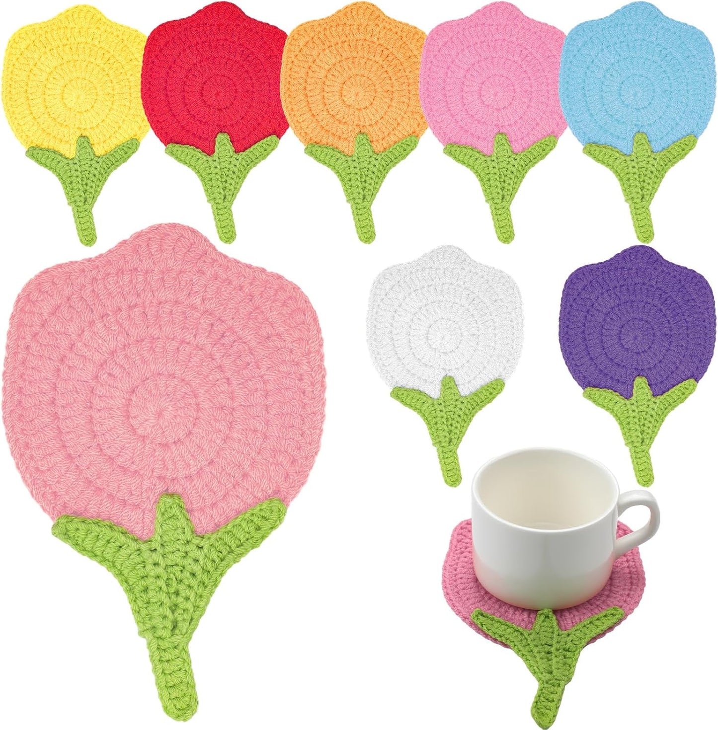 8 Pcs Spring Flower Crochet Coasters Tulip Floral Handmade Crochet Coasters Woven Tulip Cup Mat Cute Easter Gifts for Table Home Office Wedding Anniversary Kitchen Party Decoration