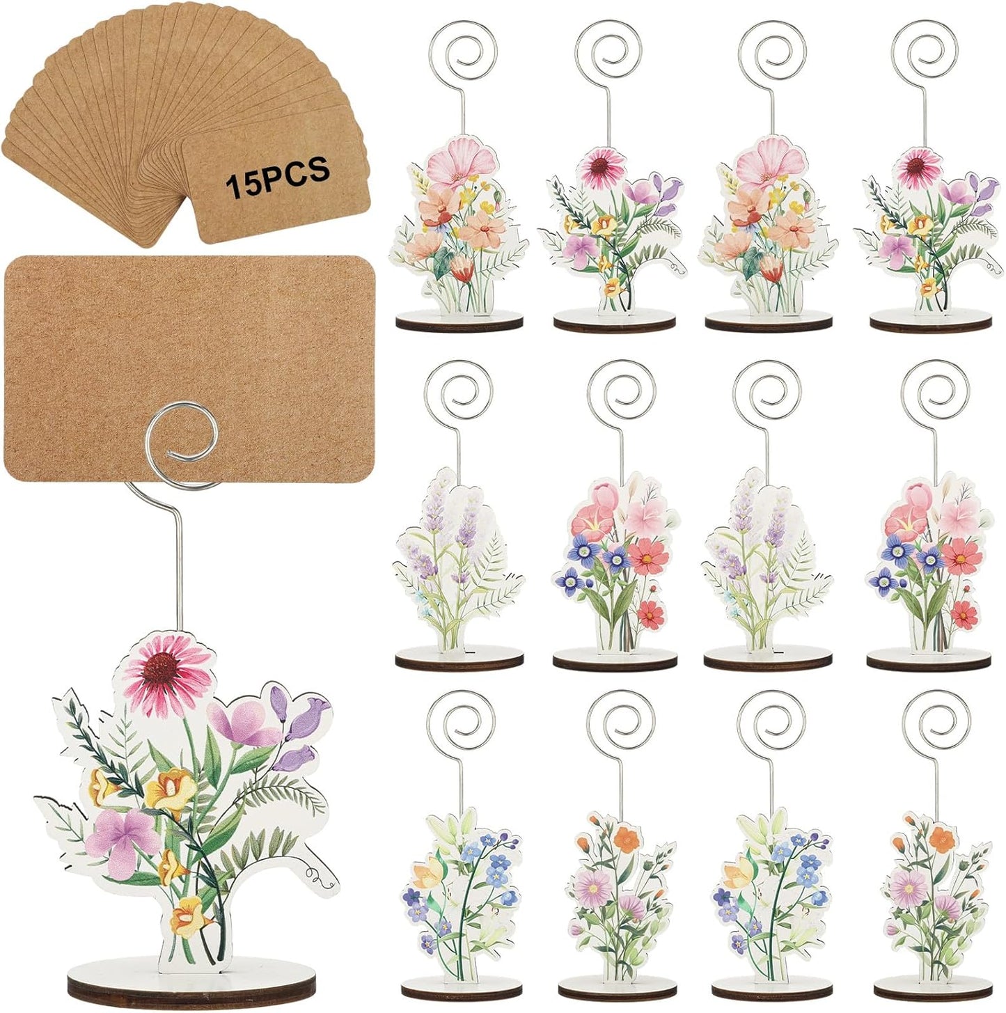 12 Pcs Wildflower Wood Place Card Holders with 15 Pcs Cards Flower Photo Iron Stands Table Setting Number Name Picture Clip Holder for Wedding Engagement Bridal Shower Birthday Party Supplies