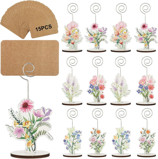 12 Pcs Wildflower Wood Place Card Holders with 15 Pcs Cards Flower Photo Iron Stands Table Setting Number Name Picture Clip Holder for Wedding Engagement Bridal Shower Birthday Party Supplies