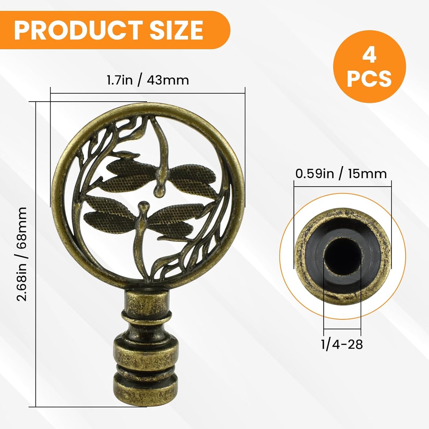 4 Pcs Lamp Finial Cap Knob, Hollowing Out Treatment Double Dragonflies Lamp Finials, 1-2/3 inch Dragonfly Design Lamp Decoration for Lamp Shade Antique Bronze