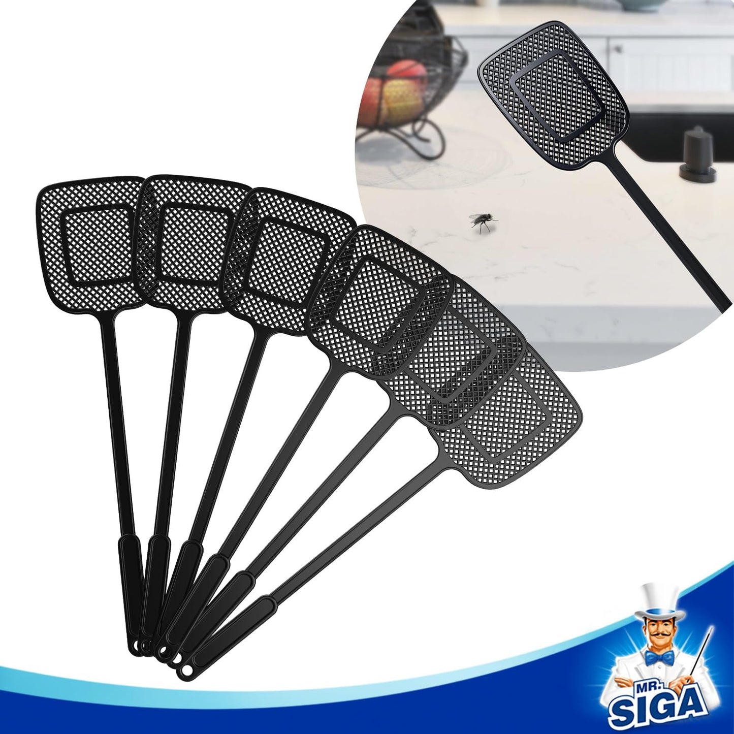 Heavy Duty Long Handle Fly Swatter, Black, 6 Pack