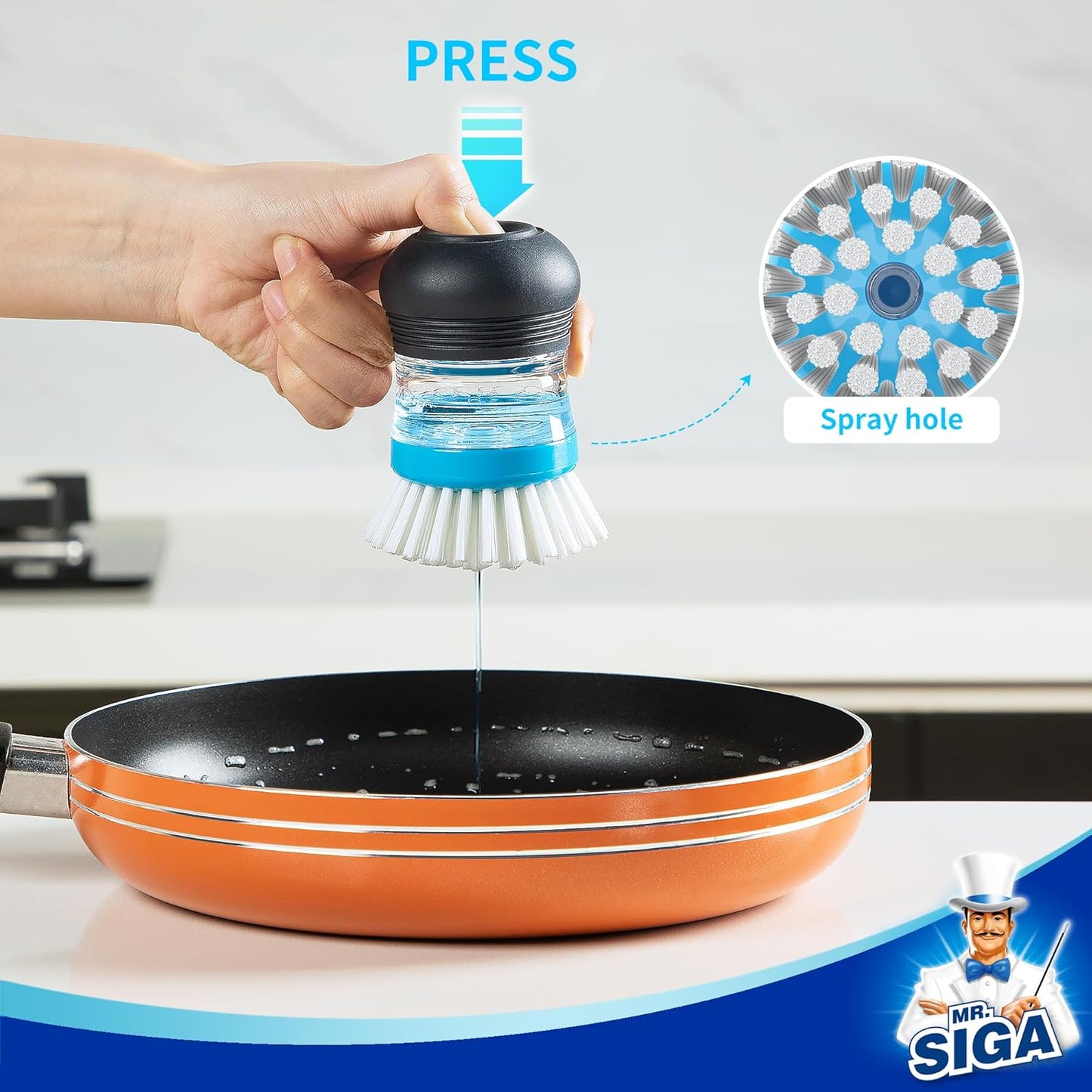 Soap Dispensing Palm Brush, Kitchen Brush for Dish Pot Pan Sink Cleaning, Pack of 1, Navy/Blue