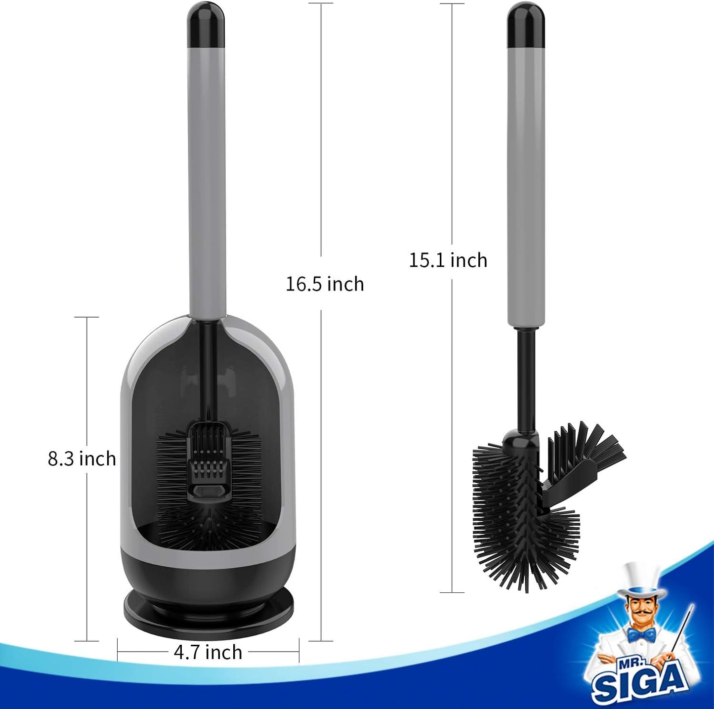 Soft Bristle Toilet Brush with Holder, Gray & Black, 1Pack