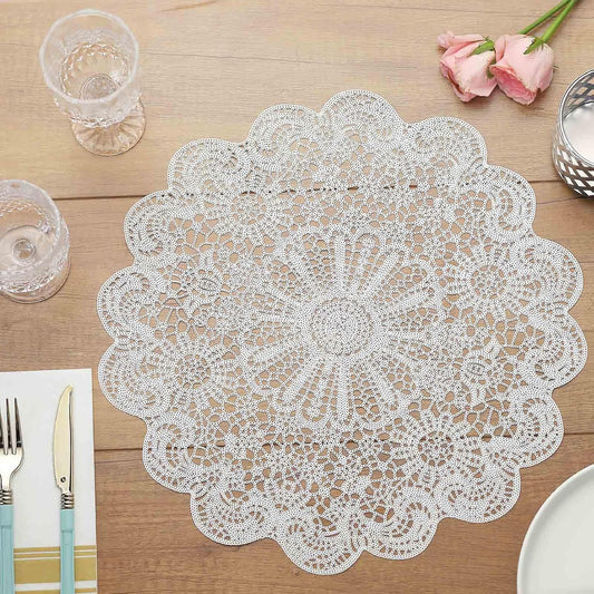 Efavormart 6 Pack 15" White Vintage Floral Vinyl Placemats - Non-Slip Round Metallic Lace Cutout Dining Mats for Wedding Events and Birthday Party Decor