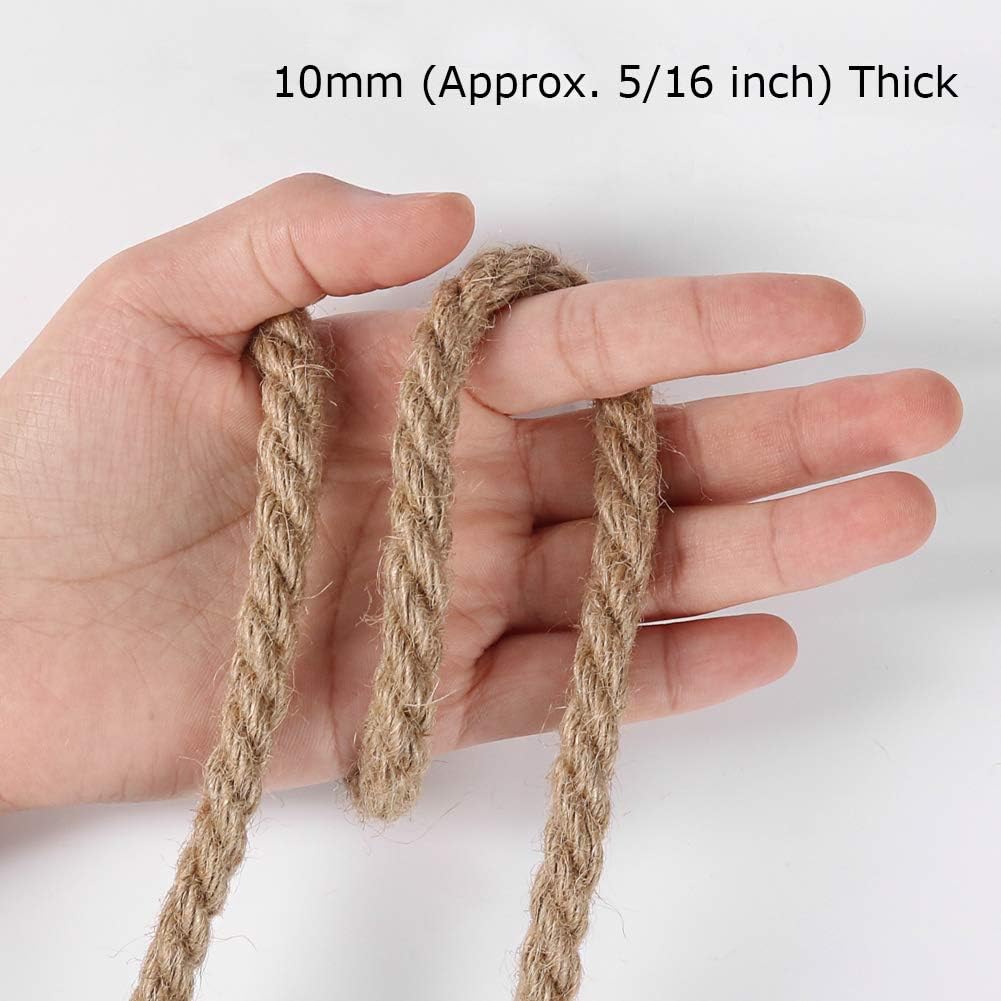 10mm Jute Rope, 50 Feet 3/8 inch Heavy Duty and Thick Twine Decorative Rope for Crafting, Cat Scratch Post, Gardening, Farmhouse Decor, Home Decor