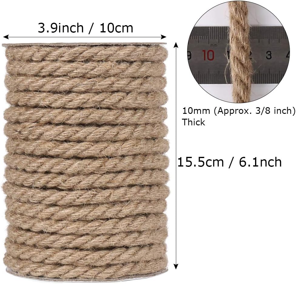 10mm Jute Rope, 50 Feet 3/8 inch Heavy Duty and Thick Twine Decorative Rope for Crafting, Cat Scratch Post, Gardening, Farmhouse Decor, Home Decor