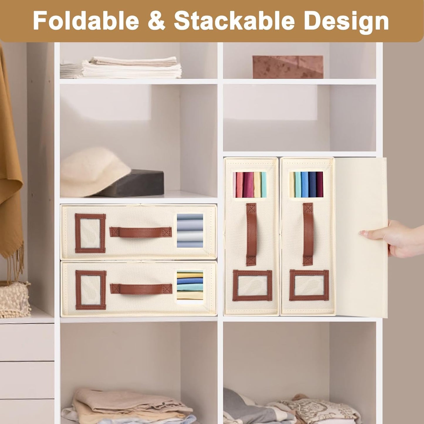 4 Pack Bed Sheet Organizers and Storage, Foldable Sheet Organizer for Linen Closet, Bed Sheet Holders with Window, Beige Bedding Storage Box for Bedsheets, Blanket and Pillow - Queen & King Size