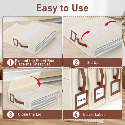4 Pack Bed Sheet Organizers and Storage, Foldable Sheet Organizer for Linen Closet, Bed Sheet Holders with Window, Beige Bedding Storage Box for Bedsheets, Blanket and Pillow - Queen & King Size