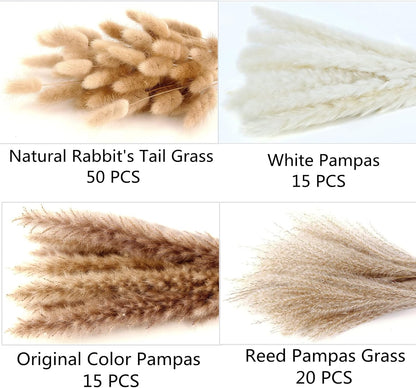 Artificial Pampas Grass Decor, 100 PCS Pampas Grass Contains Bunny Tails Dried Flowers, Reed Grass Bouquet for Wedding Boho Flowers Home Table Decor, Rustic Farmhouse Party (White and Brown)