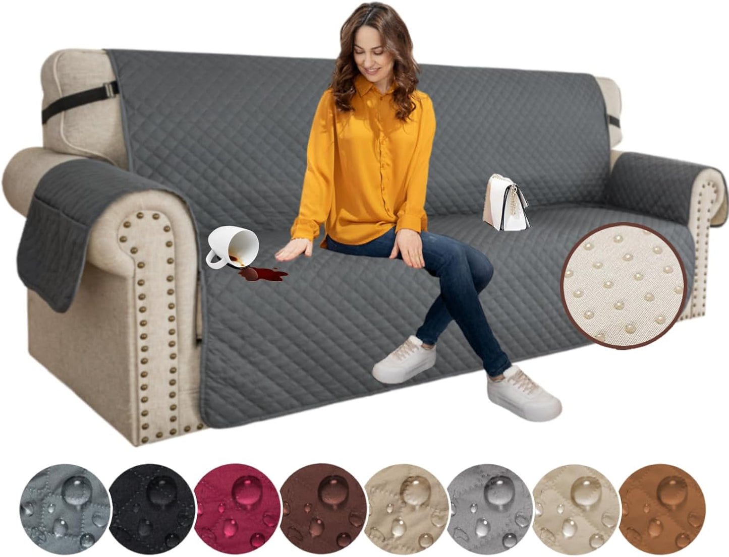 Couch Covers for 3 Cushion with Pockets and Non Slip Straps Water Resistant Sofa Slipcovers for Living Room Soft Thick Furniture Protector for Pets Dogs Kids (Large, Dark Gray)