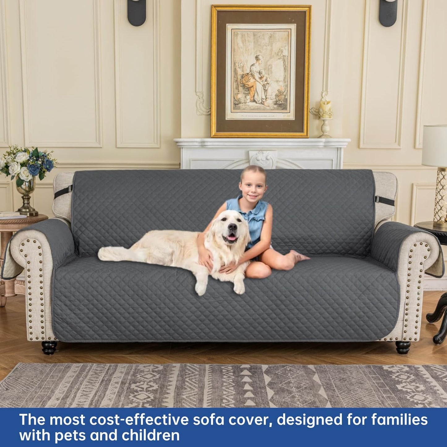 Couch Covers for 3 Cushion with Pockets and Non Slip Straps Water Resistant Sofa Slipcovers for Living Room Soft Thick Furniture Protector for Pets Dogs Kids (Large, Dark Gray)