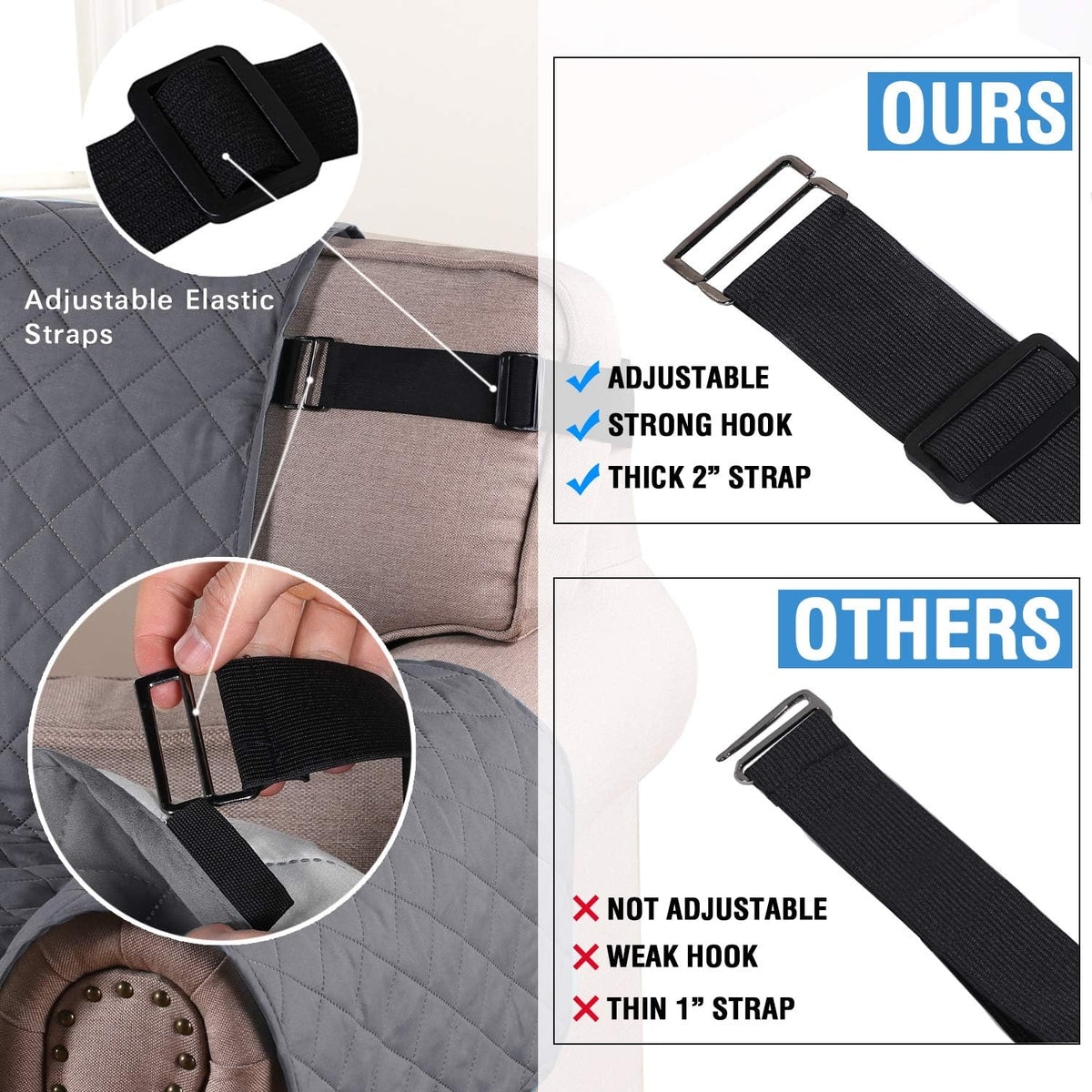 Reversible Sofa Cover for 3 Cushion Couch Water Resistant Couch Cover for Dogs Non Slip Furniture Protector Cover with Elastic Strap for Pet Cat (Seat Width: 66", Grey/Beige)