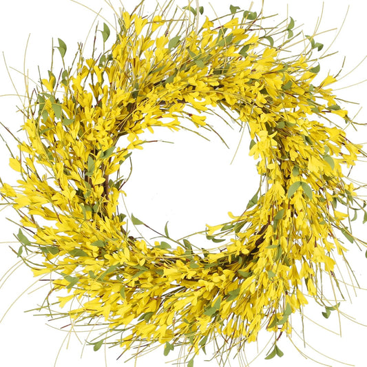 24" Spring Wreaths for Front Door Artificial Forsythia Flower Wreath on Grapevine Yellow Wreath with Green Leaves Silk Floral Wreath for Home Indoor Wall Window Garden Porch Farmhouse Decor