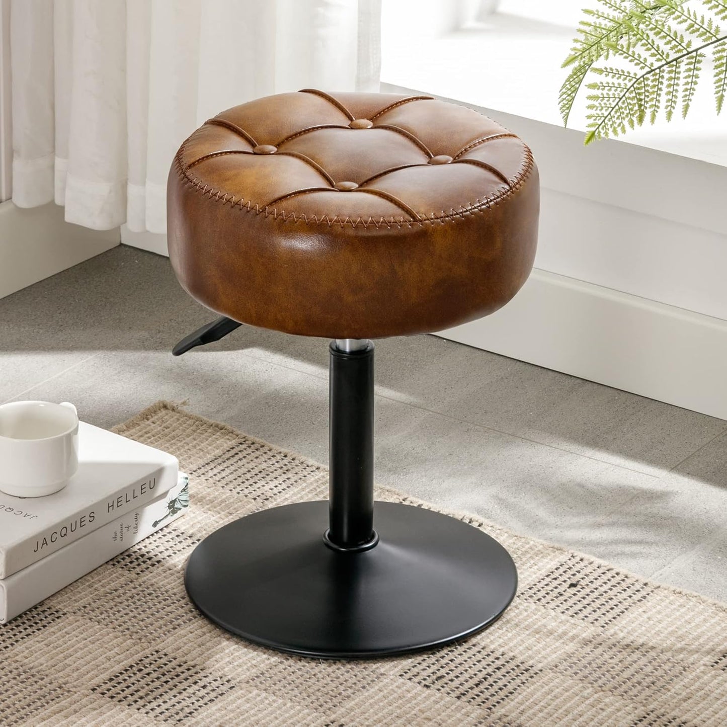 Adjustable Vanity Stool, 360°Swivel Vanity Chair for Makeup Room, Brown Stool Chair for Vanity, Small Faux Leather Vanity Stools for Bathroom, Living Room
