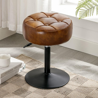 Adjustable Vanity Stool, 360°Swivel Vanity Chair for Makeup Room, Brown Stool Chair for Vanity, Small Faux Leather Vanity Stools for Bathroom, Living Room