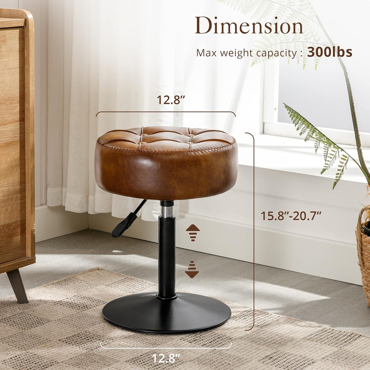 Adjustable Vanity Stool, 360°Swivel Vanity Chair for Makeup Room, Brown Stool Chair for Vanity, Small Faux Leather Vanity Stools for Bathroom, Living Room