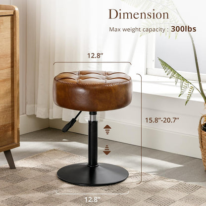 Adjustable Vanity Stool, 360°Swivel Vanity Chair for Makeup Room, Brown Stool Chair for Vanity, Small Faux Leather Vanity Stools for Bathroom, Living Room