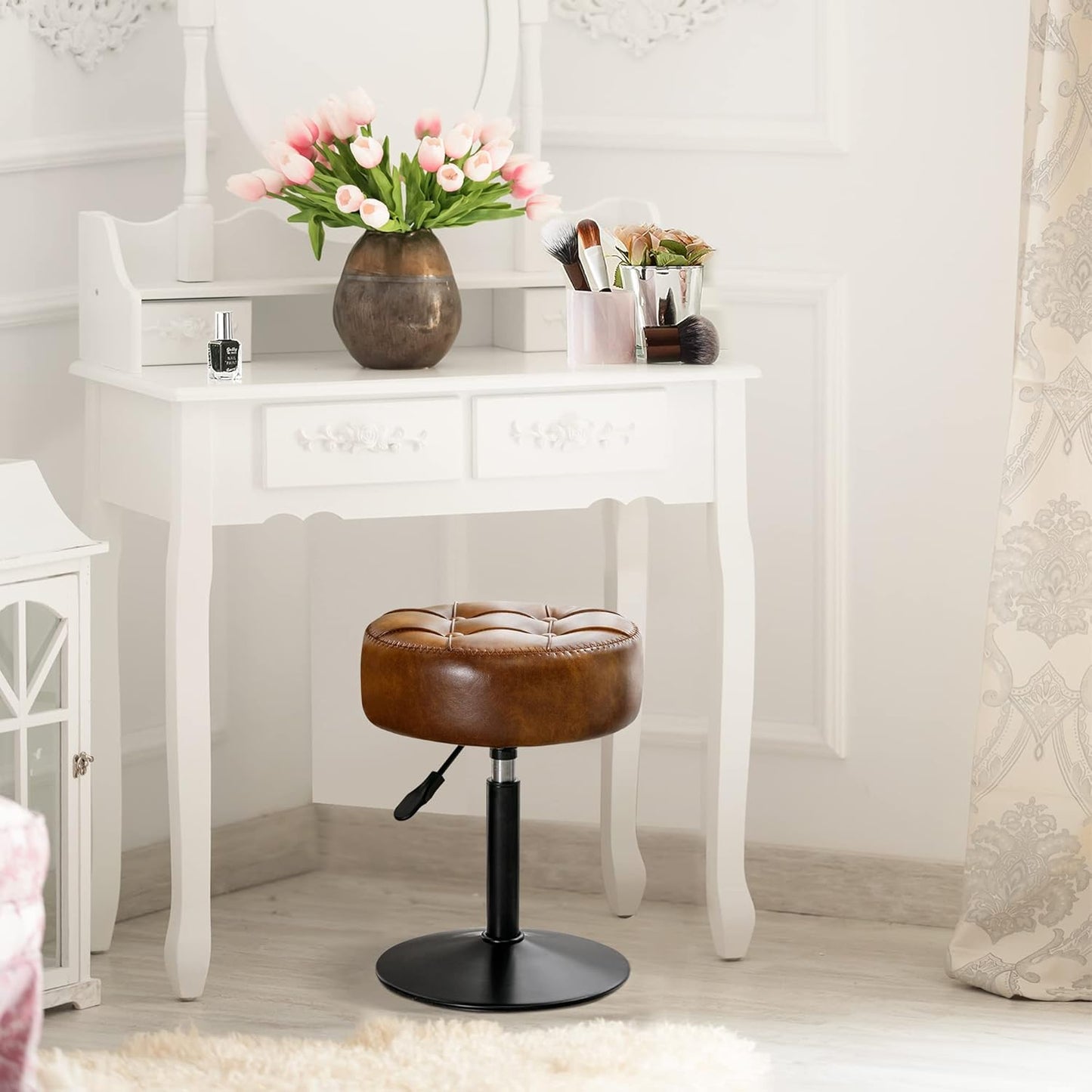 Adjustable Vanity Stool, 360°Swivel Vanity Chair for Makeup Room, Brown Stool Chair for Vanity, Small Faux Leather Vanity Stools for Bathroom, Living Room