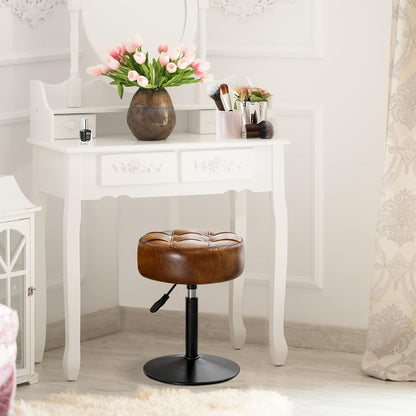 Adjustable Vanity Stool, 360°Swivel Vanity Chair for Makeup Room, Brown Stool Chair for Vanity, Small Faux Leather Vanity Stools for Bathroom, Living Room