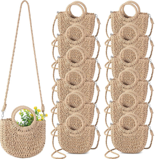 Straw Purses for Women Semi Circle Rattan Straw Purses Bulk with Handles for Women Wedding Guests Bridesmaid Gifts