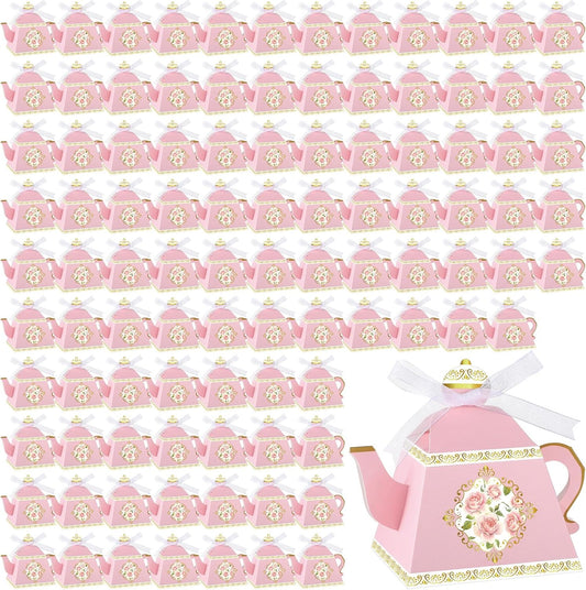 100 Pcs Teapot Candy Box Floral Flower Tea Party Favor Gift Box Candy Boxes for Tea Garden Wedding Favors Bridal Showers Brunches Birthdays Decorations(Pink)
