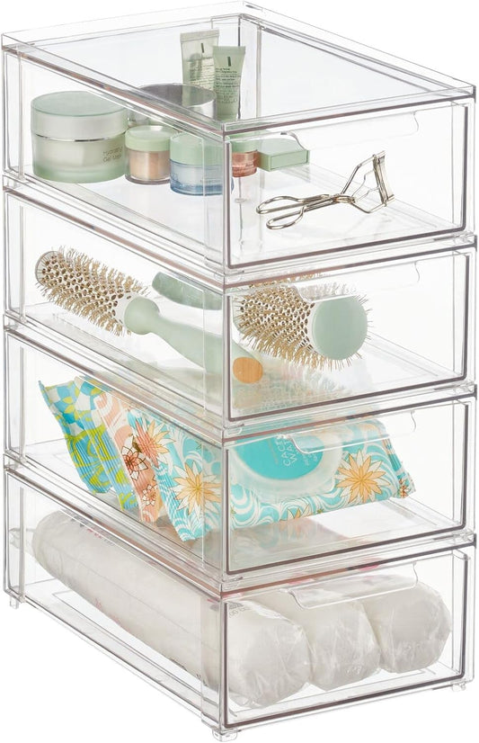 Plastic Stackable Bathroom Storage Organizer Bin with Pull Out Drawer for Cabinet, Vanity, Shelf, Cupboard, Cabinet, or Closet Organization - Lumiere Collection - 4 Pack - Clear