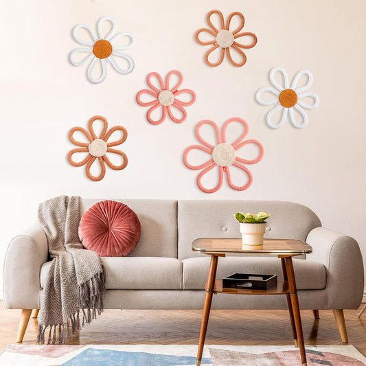 6 Pcs Boho Nursery Decor Daisy Flower Woven Macrame Wall Hanging 3 Size Daisy Flower Wall Decor Bohemian Nursery Decorations for Home Dorm Art(Pink, Brown, White)