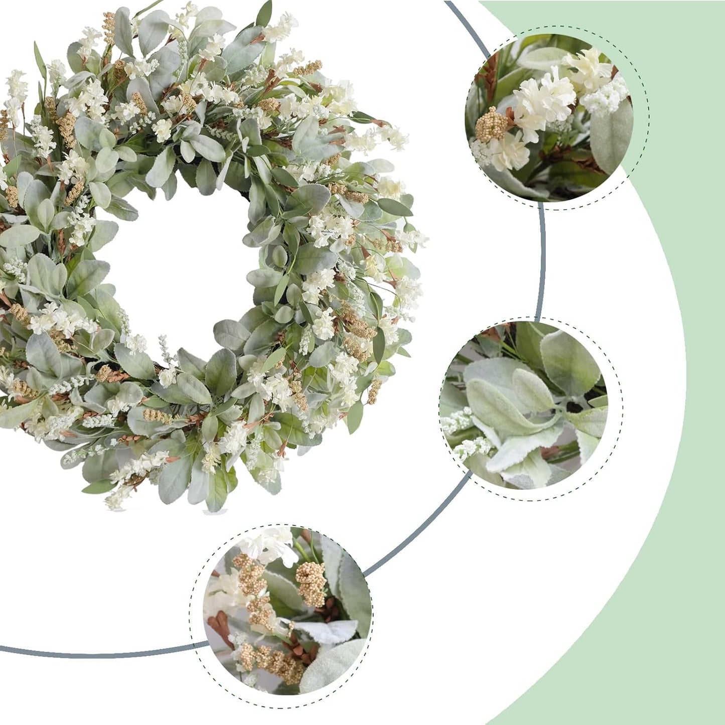 24 Inch Summer Spring Ivory Flowers Wreath for Front Door, Everyday Lamb Ears Leaves Wreath with White Artificial Flower for Indoor and Outdoor, Rustic and Farmhouse Greenery Flower